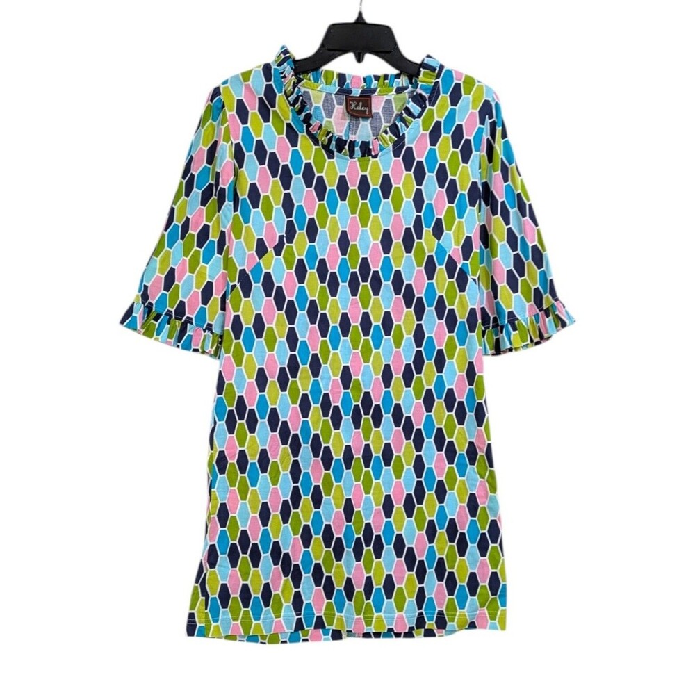 Haley Preppy Geometric Print Ruffle Edged 100% Cotton Shift Dress Size XS Womens